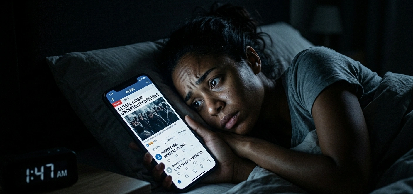 Endless scrolling through negative news and social media content on a smartphone.